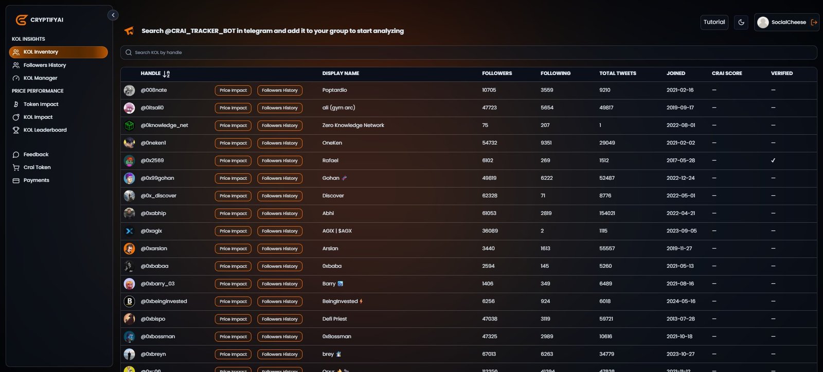 KOLRADAR - Cryptify AI Dashboard - KOL Inventory